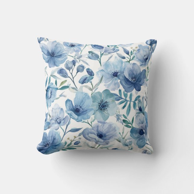 Coussin Jardin Floral Aquarelle Botanique Bleu (Recto)