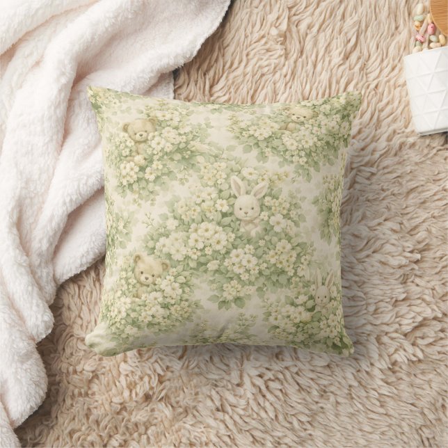 Coussin Jardin Floral de Lapin Ours Motif Vert Neutre (Couverture)