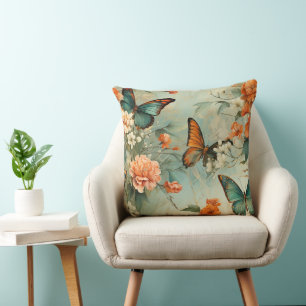 Coussin Jardin Floral Papillon Sarcelle Vintage Orange