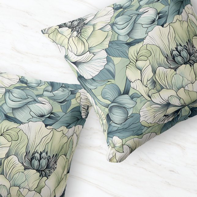 Coussin Jardin Floral Vert Canapé Fleur Élégante Délicate (Green Floral Garden Elegant Delicate Flower Sofa Throw Pillow)