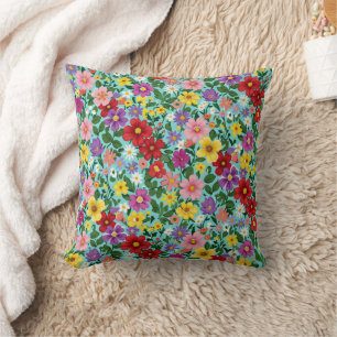 Coussin Jardin floral vibrant de fleurs sauvages d'été mot