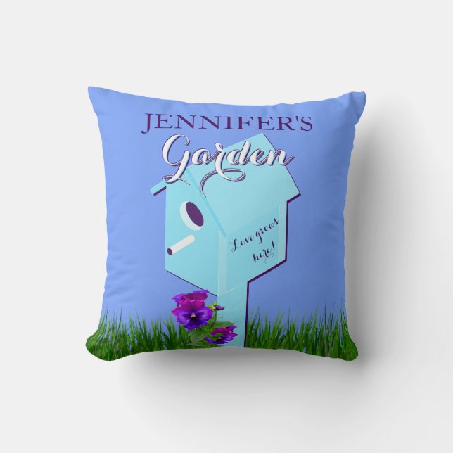 Coussin Jardin "L'amour pousse ici !" Pansies Birdhouse (Recto)