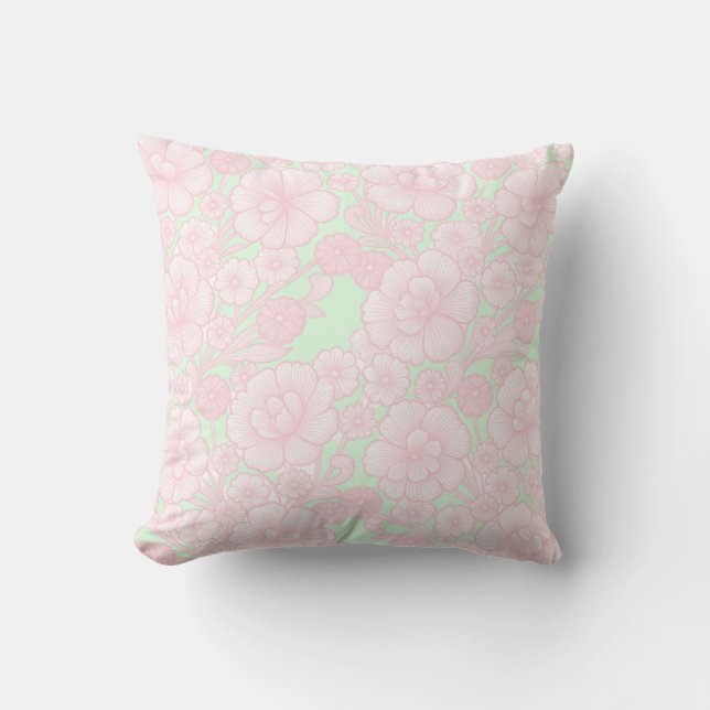 Coussin Jardin Mint Blush – Fleurs roses et vertes menthe  (Recto)