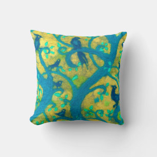 Coussin Jardin paradisiaque, peinture en laine, oiseaux bl