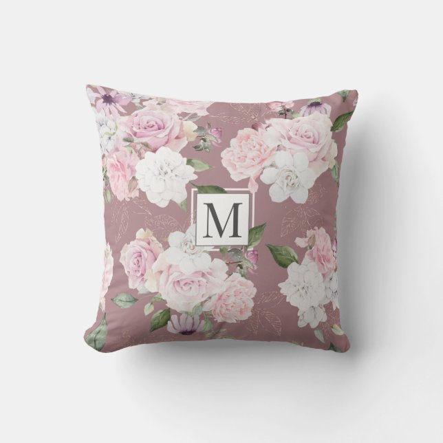 Coussin Jardin rose Élégant Monogramme Floral Jeu d'oreill (Recto)