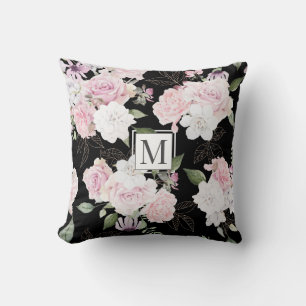 Coussin Jardin rose Élégant Monogramme Floral Jeu d'oreill