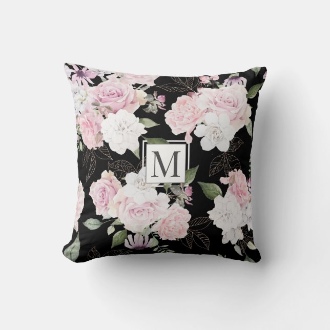 Coussin Jardin rose Élégant Monogramme Floral Jeu d'oreill (Recto)