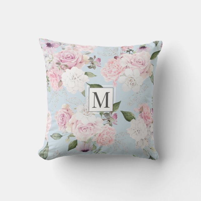 Coussin Jardin rose Élégant Monogramme Floral Jeu d'oreill (Recto)