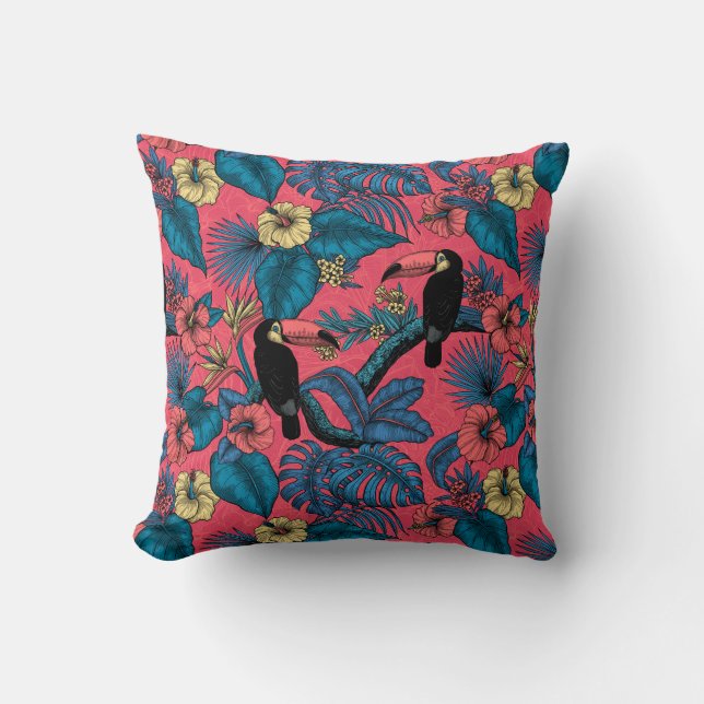 Coussin Jardin toucan en rouge et bleu (Recto)