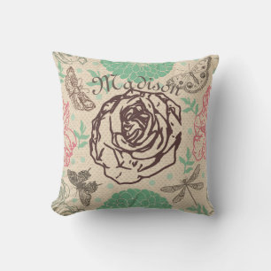 Coussin Jardin Vintage fleuri Rose personnalisé