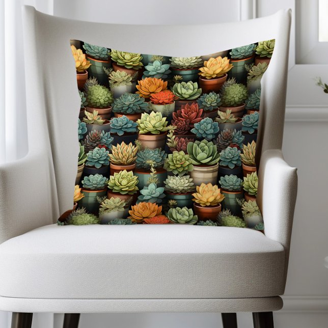 Coussin Jardinage de plantes grasses Cactus Plantes  (Succulents in planter pots pillow)