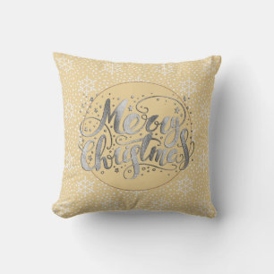 Coussin Jaune Argent Joyeux Noël Flocons de Neige Blancs