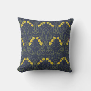 Coussin Jaune Art Nouveau Jonquilles et Tiges Bleues