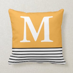 Coussin Jaune avec bandes B/W Personnalisées Monogrammes