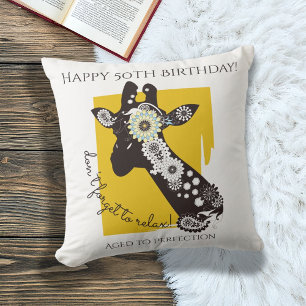 Coussin Jaune blanc et noir Funky Cool Giraffe Anniversair