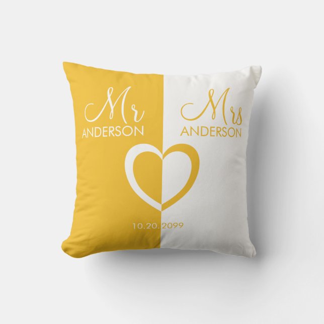 Coussin Jaune blanc M. Mme nom coeur cadeau mariage (Recto)