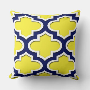 Coussin Jaune, Bleu Marine, Blanc Grand Quatrefoil Marocai