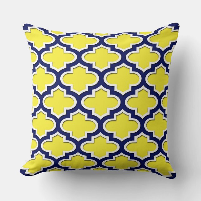 Coussin Jaune Bleu Marine Blanc Quatrefeuille Marocain #3D (Recto)