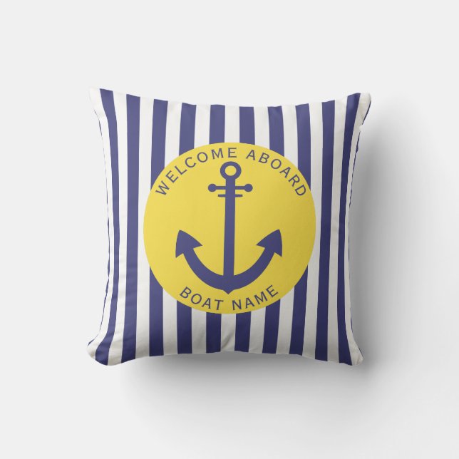 Coussin Jaune Bleu Marine Rayure Bateau Nom Ancre Naudique (Recto)