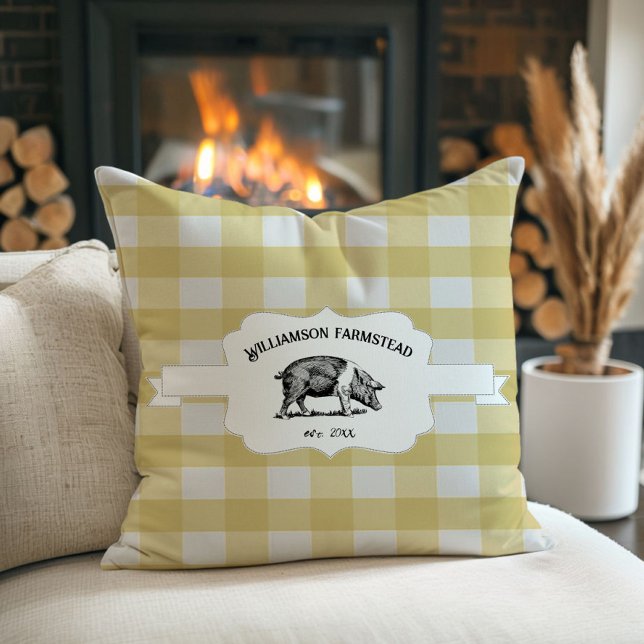 Coussin Jaune Buffle Plaid Agritourisme Cochon Jeter Oreil (Yellow Buffalo Plaid Farm Pig Throw Pillow)
