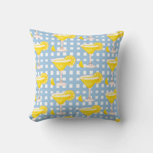 Coussin Jaune Citron Goutte Bleu Blanc à Carreaux Rétro