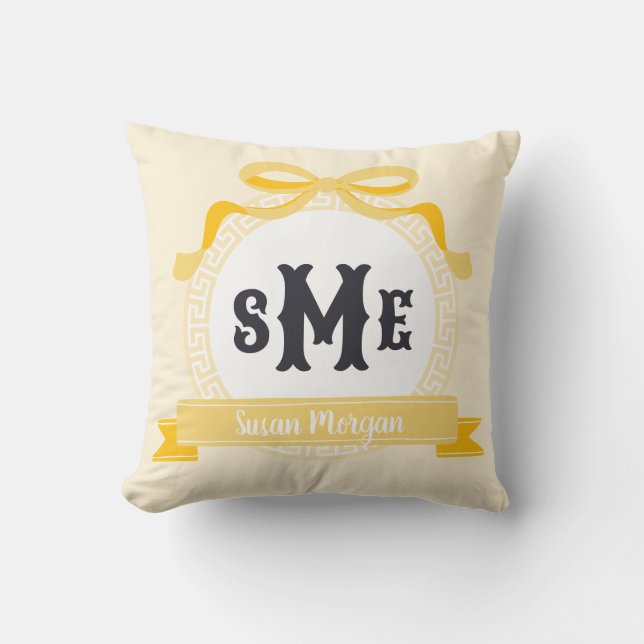 Coussin Jaune Clair Clé Grecque Inversée Monogramme à Nœud (Recto)