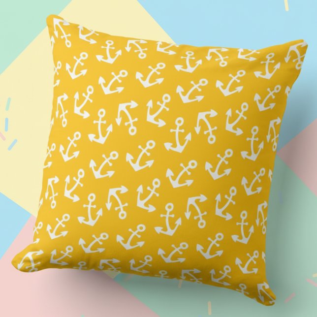 Coussin Jaune Clair et Blanc Ancres Tissu Côtier en Coton (Bright yellow and white anchor pillow.)