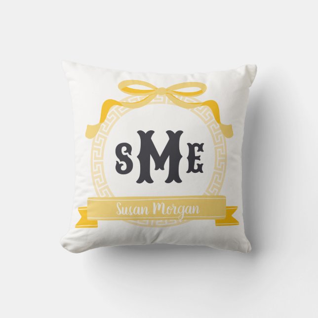 Coussin Jaune Clair Monogramme à Nœud à Clé Grecque (Recto)