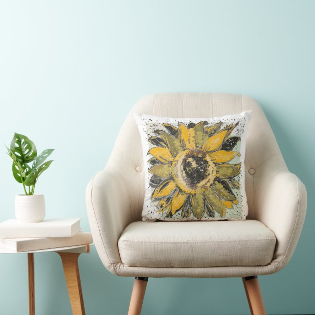 Coussin Jaune de tournesol, style d'aquarelle verte et noi (Chaise)