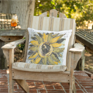 Coussin Jaune de tournesol, style d'aquarelle verte et noi