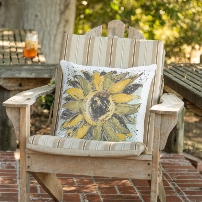 Coussin Jaune de tournesol, style d'aquarelle verte et noi (Chaise)