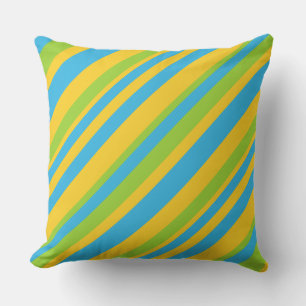 Coussin Jaune doré, bleu ciel, bandes diagonales vertes