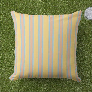 Coussin Jaune Ensoleillé, Orange et Rayures Bleu Clair 