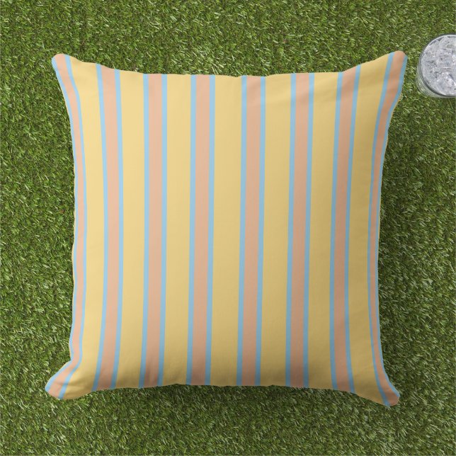 Coussin Jaune Ensoleillé, Orange et Rayures Bleu Clair  (Herbe)