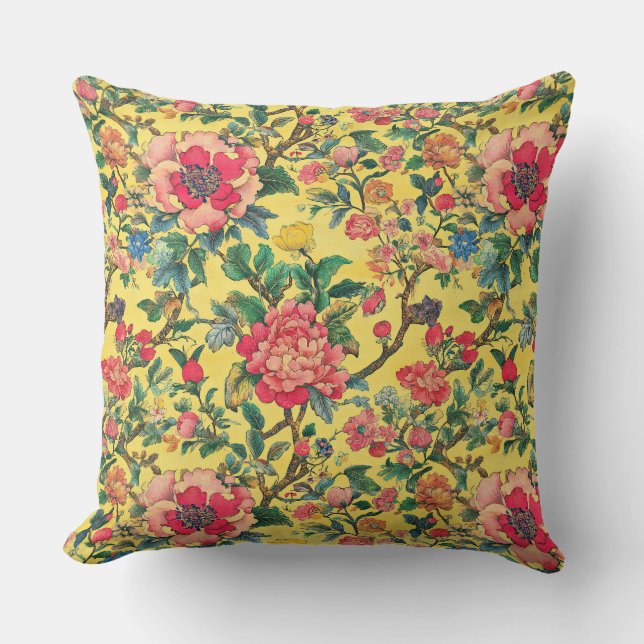 Coussin Jaune et rose floral chinoiserie (Recto)