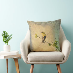 Coussin Jaune Gold Find Oiseau Branche Vintage Style