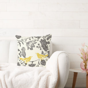 Coussin Jaune Gris Ivoire Oiseaux de l'Amour Floral Vintag