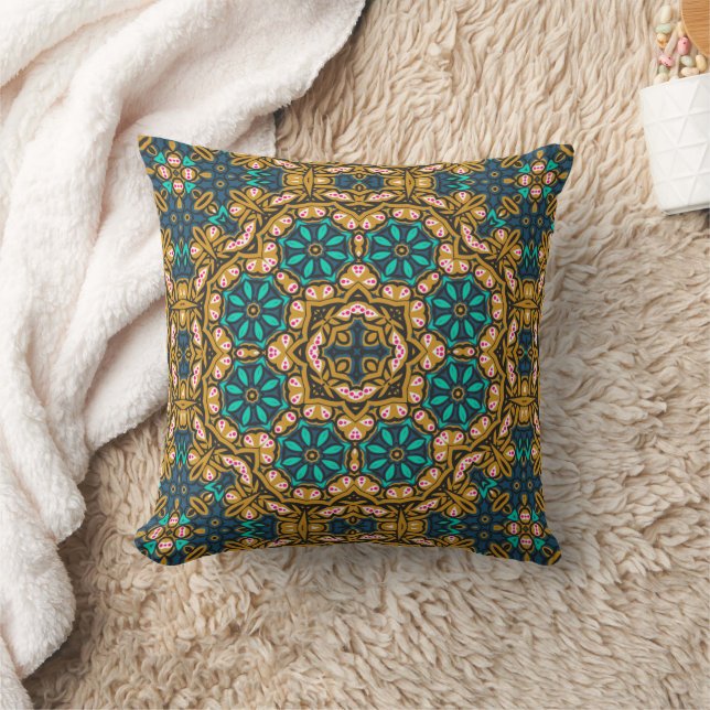 Coussin Jaune Noir Sarcelle Marine Motif Géométrique Mande (Couverture)