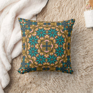 Coussin Jaune noir Turquoise Marine Motif géométrique Mand