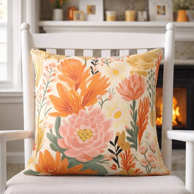 Coussin Jaune Orange Corail Vert Floral  (Cozy farmhouse decor)