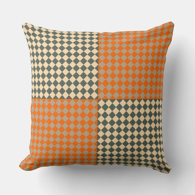 Coussin Jaune Orange Taupe Damier Motif Diamant (Recto)
