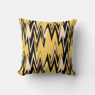Coussin Jaune Rétro, Zigzag Noir Art Déco Abstrait