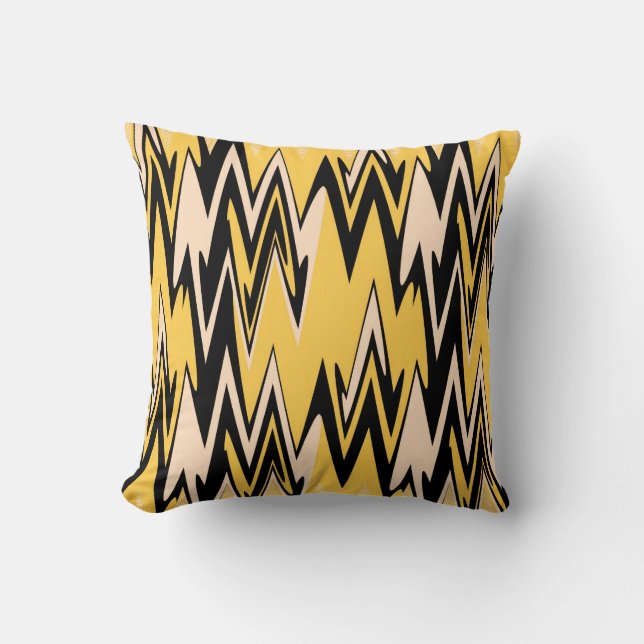 Coussin Jaune Rétro, Zigzag Noir Art Déco Abstrait (Recto)