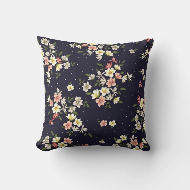 Coussin jaune rose et marron petites fleurs avec lea vert (Recto)