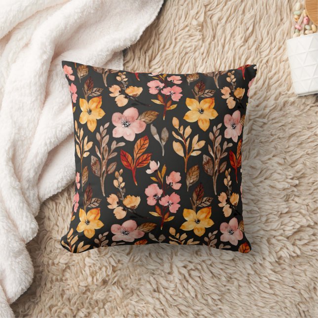 Coussin Jaune rosé vin automne floral feuilles noir (Couverture)