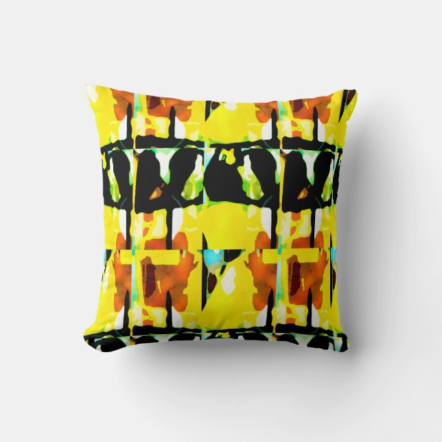 Coussin Jaune Rouille Vert Noir Gros Carreaux Art Abstrait (Recto)