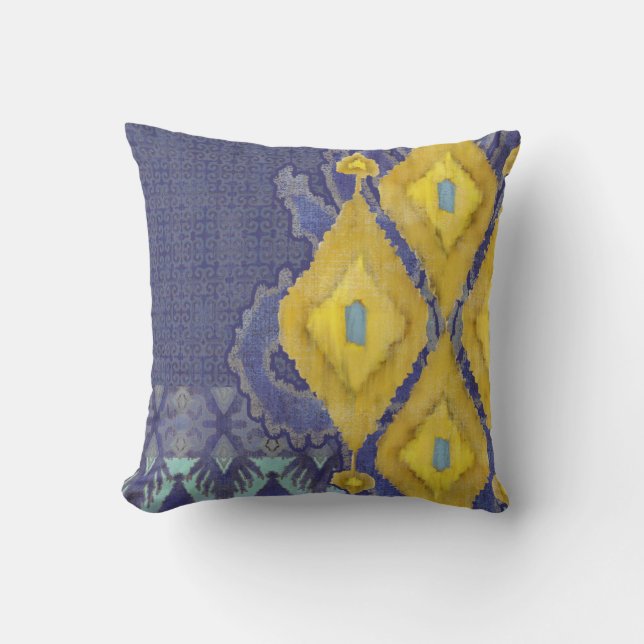 Coussin Jaune tribal antique de marine de motif d'IKAT (Recto)