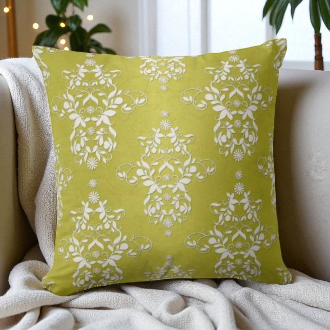 Coussin Jaune Vert Floral Damassé Victorien Rétro (Créateur téléchargé)