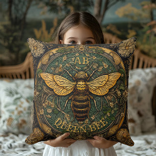 Coussin Jaune Vert Rustique Reine Abeille Monogramme Cotta