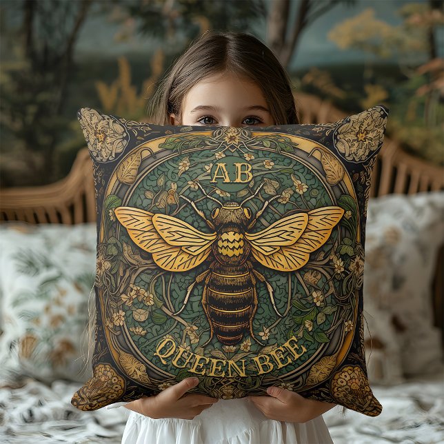 Coussin Jaune Vert Rustique Reine Abeille Monogramme Cotta (Créateur téléchargé)